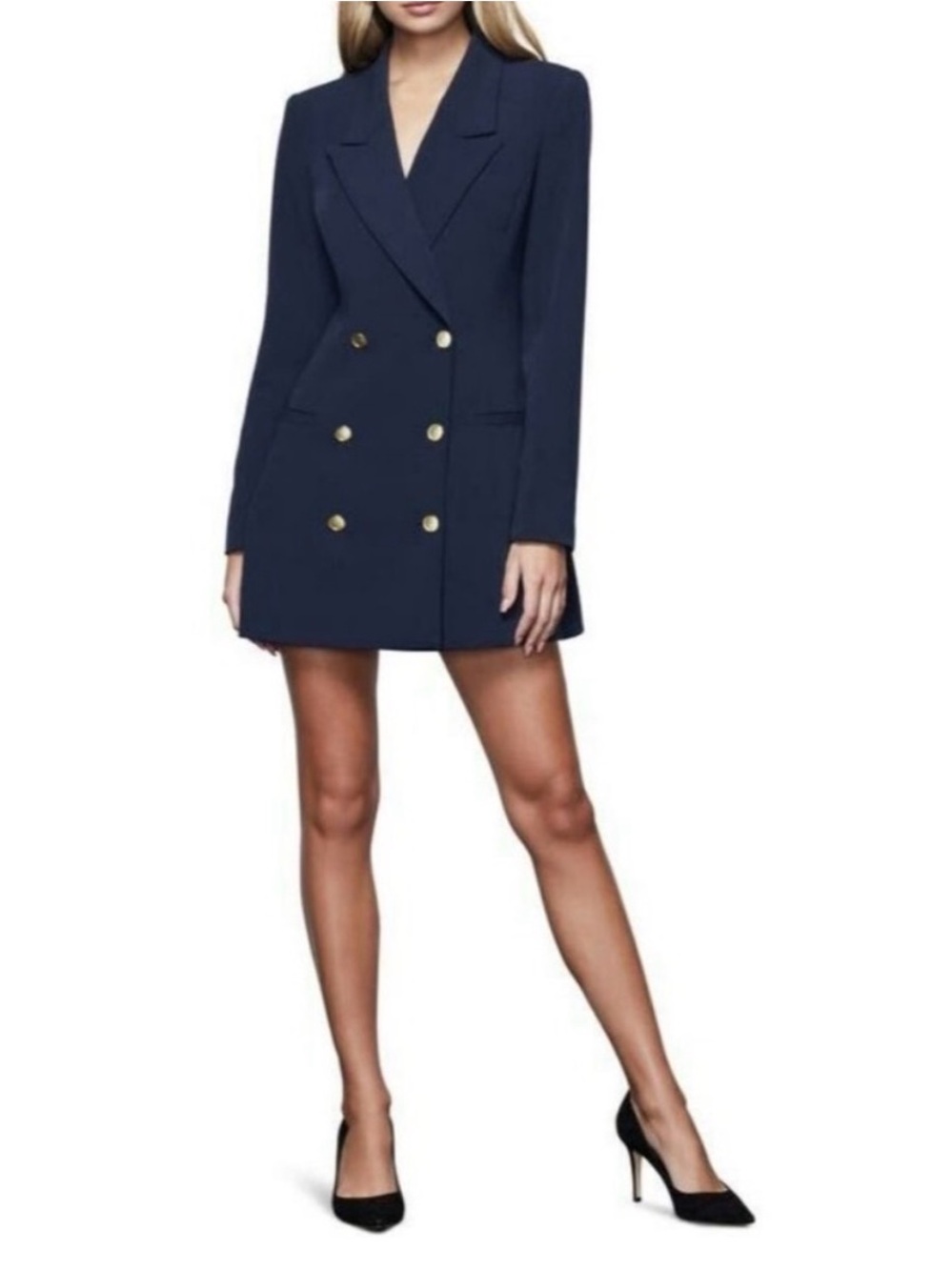 Good American Navy Double-Breasted Blazer Dress with Gold Buttons